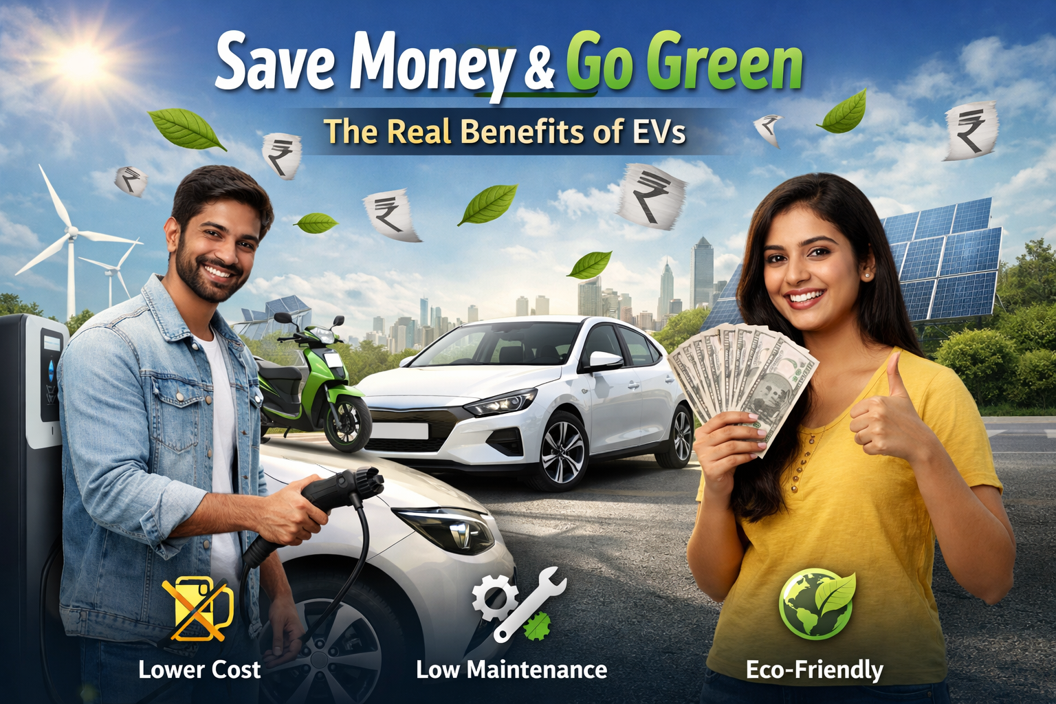 People charging an electric car and holding cash with electric scooter, solar panels, and wind turbines in the background, highlighting cost savings and eco-friendly benefits of EVs