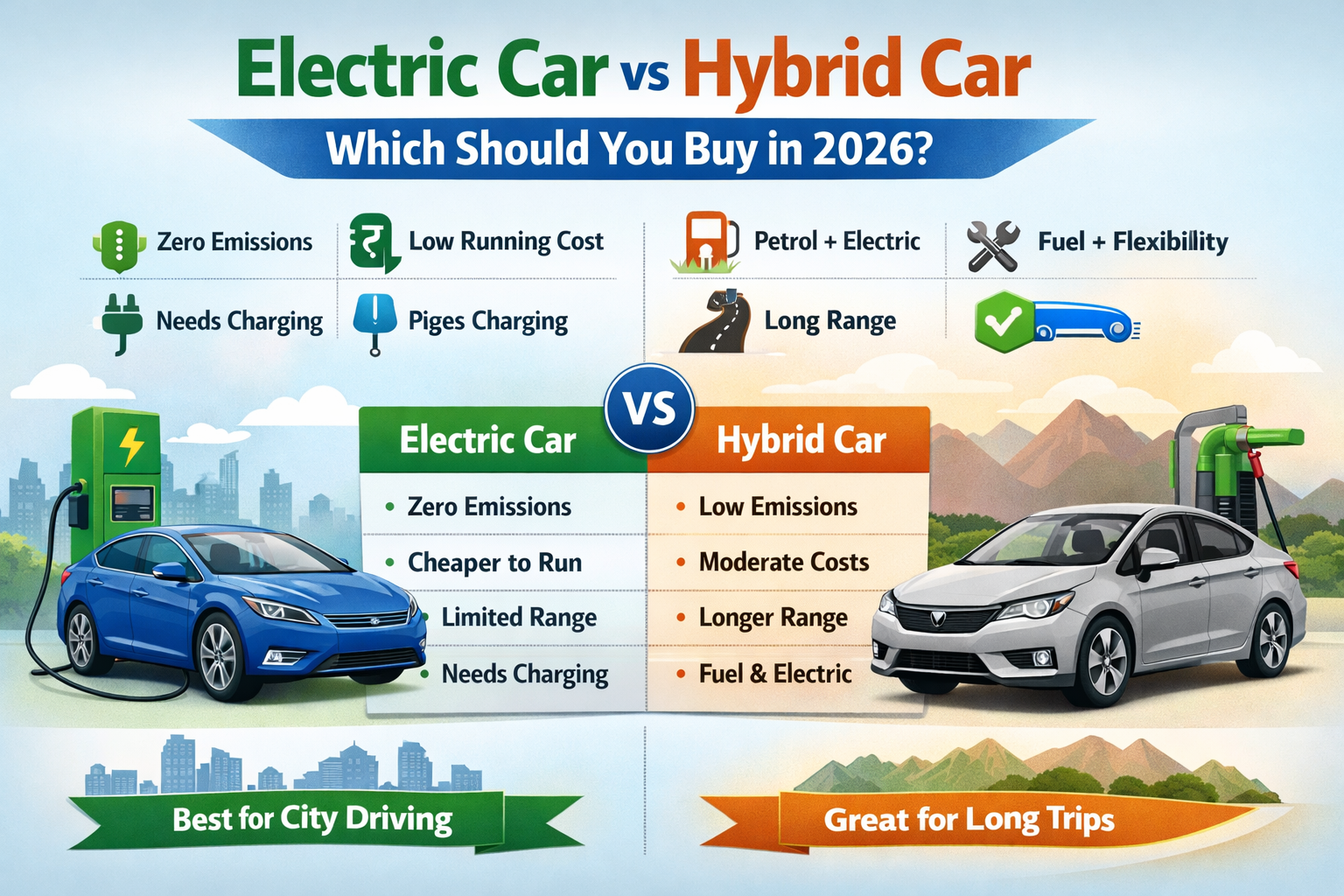 Electric car vs hybrid car comparison infographic showing differences in cost, emissions, range, and usage, highlighting EV benefits for city driving and hybrid advantages for long-distance travel in 2026.