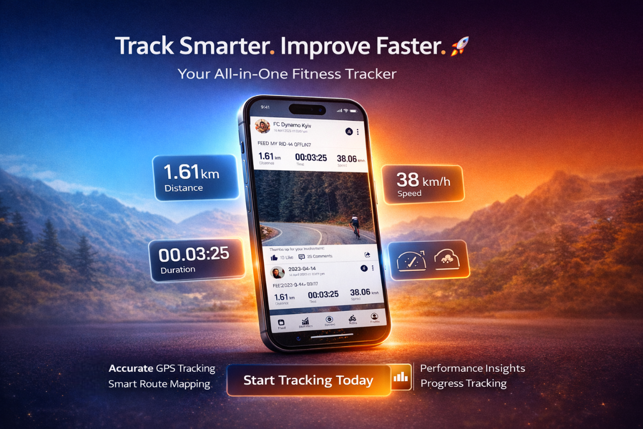 Fitness tracking app UI on smartphone with cycling stats and performance data