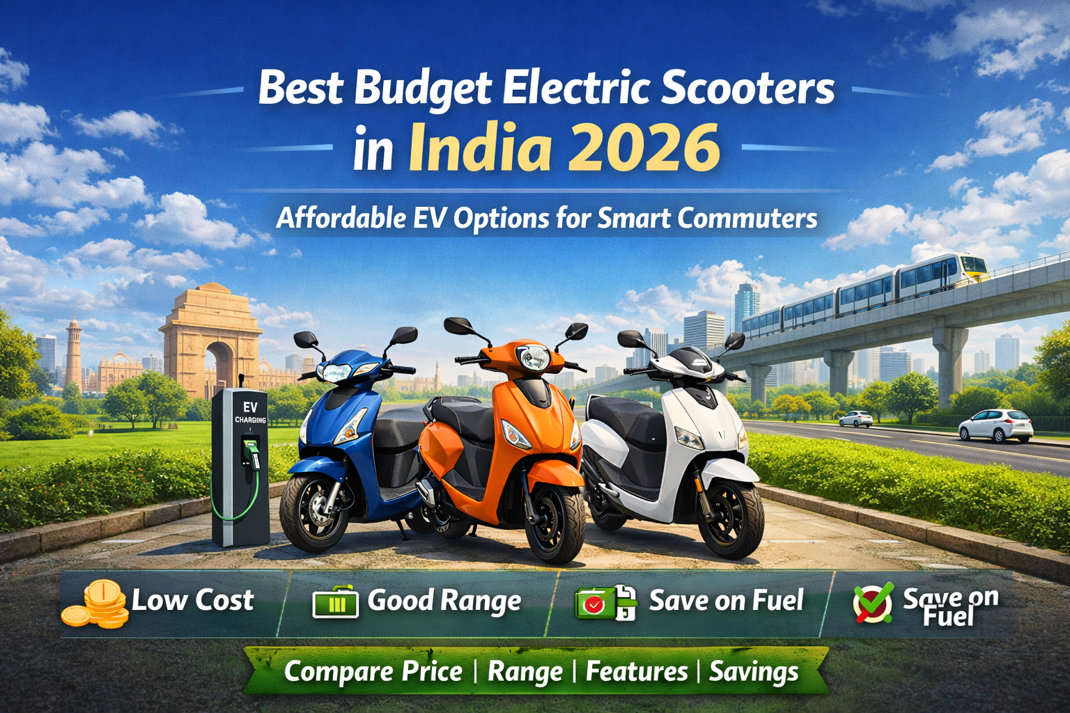 Budget electric scooters in India 2026 displayed in a modern city setting, highlighting affordable EV options with good range, low running cost, and eco-friendly urban commuting.