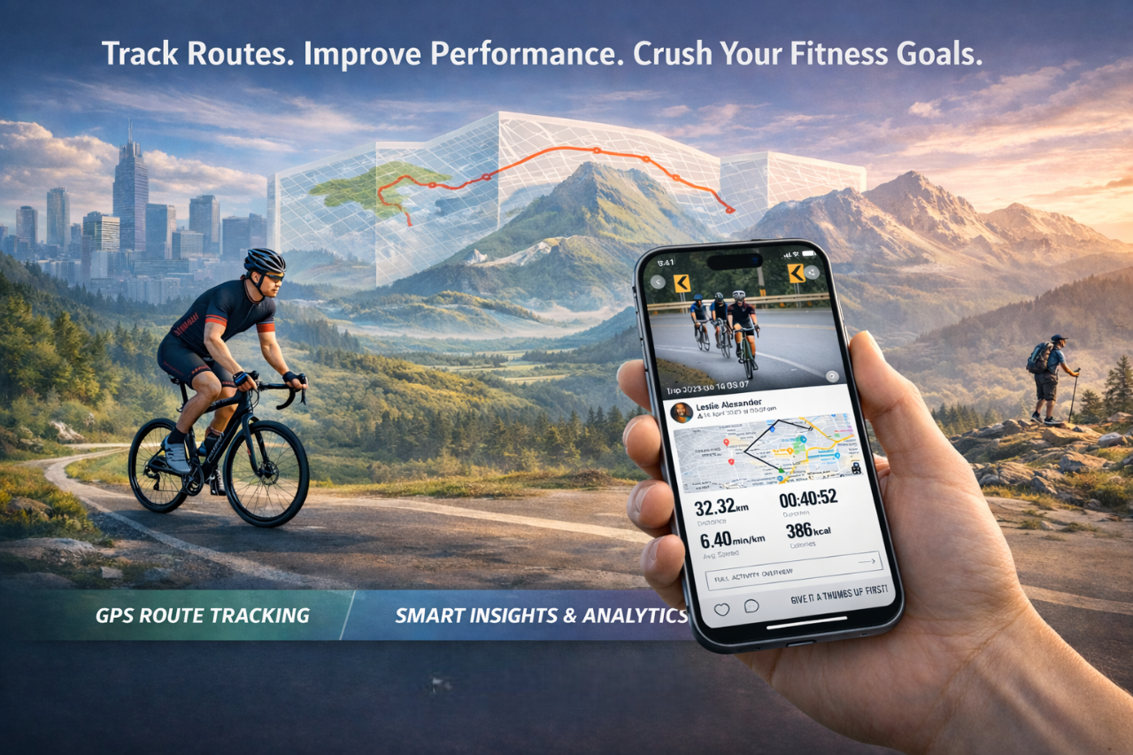 Moro Tracker fitness app displayed on a smartphone held in hand, showing GPS route tracking, cycling activity stats, and performance analytics with a scenic outdoor background of mountains and a cyclist.