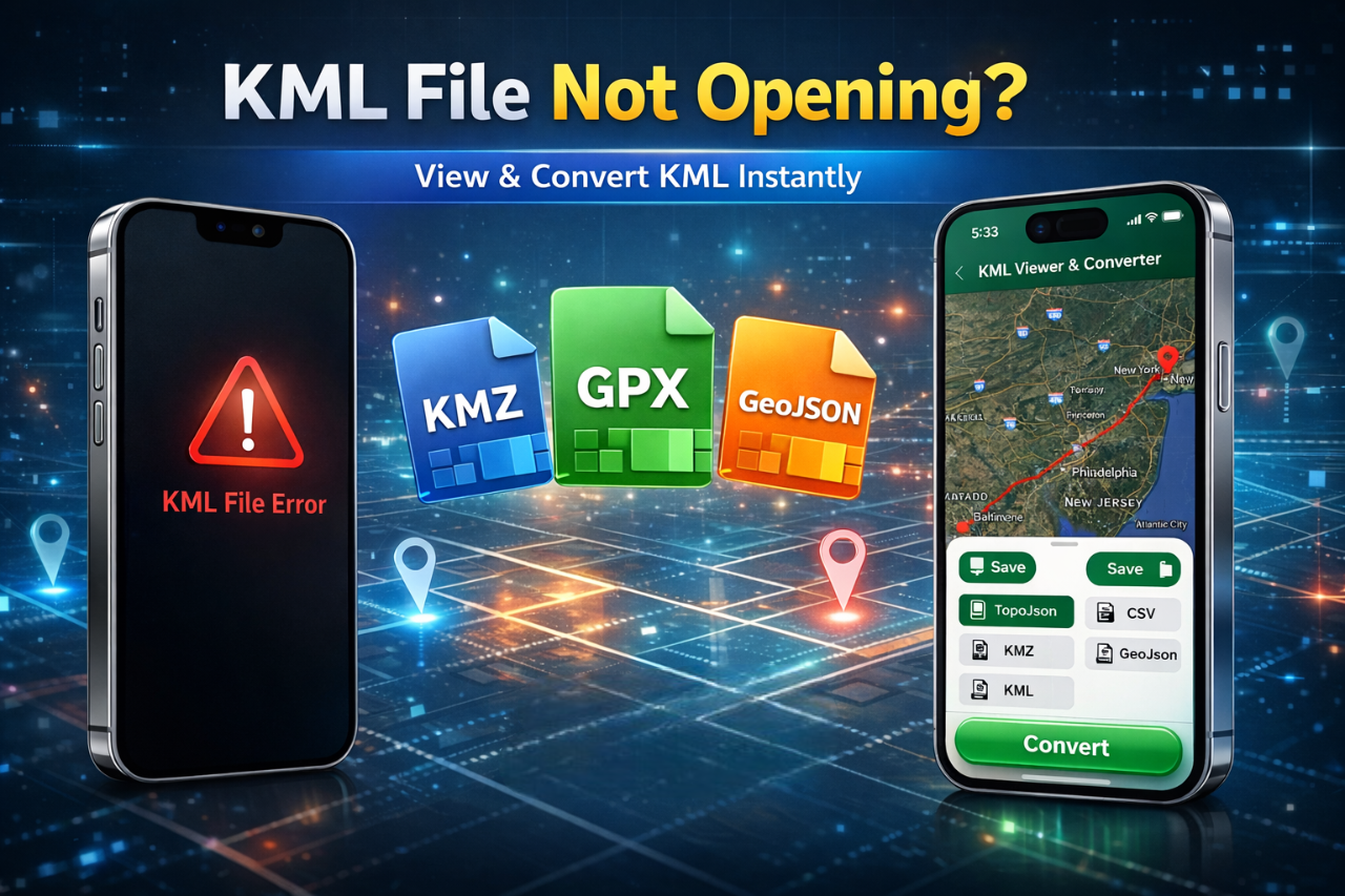 KML file not opening error on iPhone with KML Viewer & Converter app showing map and options to convert KML to KMZ, GPX, and GeoJSON