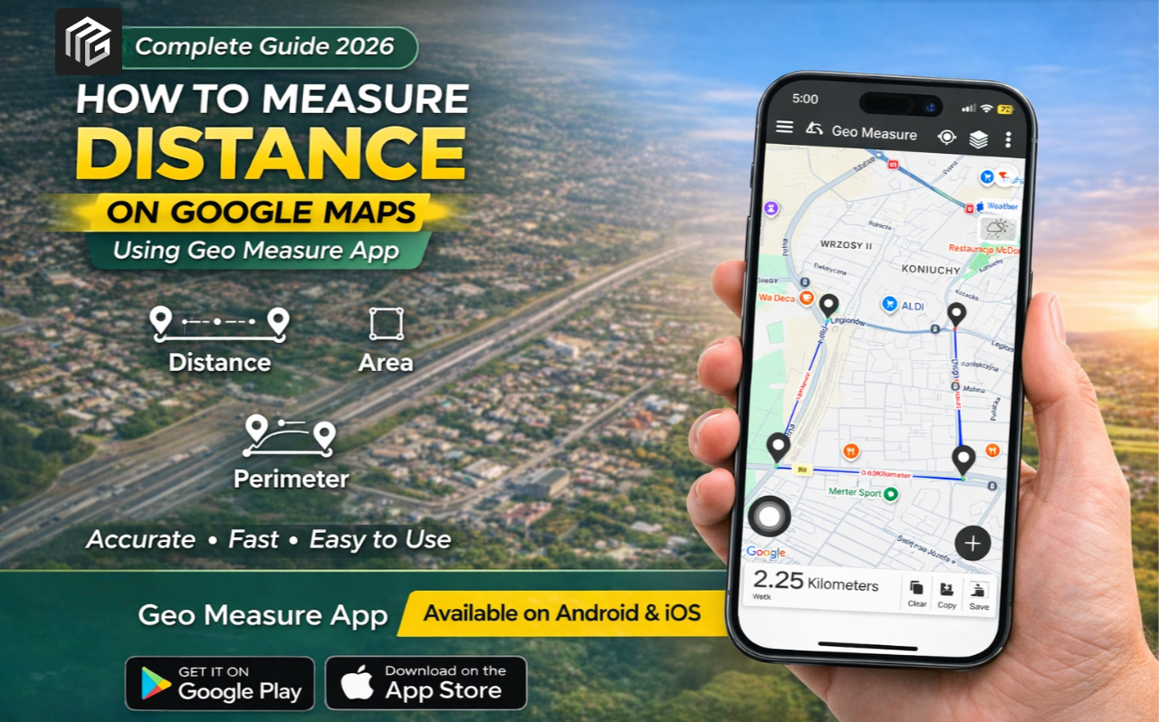 How to measure distance on Google Maps using Geo Measure app showing 2.25 km route on smartphone screen with map markers